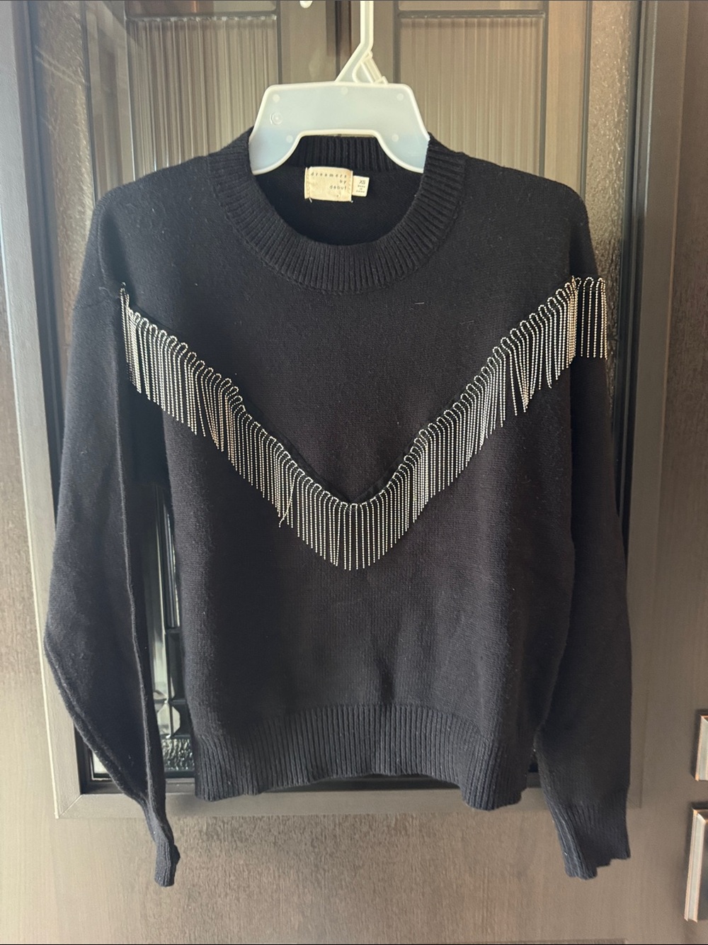 Dreamers by Debut - Black Women's Crewneck Sweater with Silver Fringe Detail